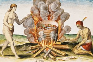 Kochen von Speisen in einem Terrakottatopf, aus 